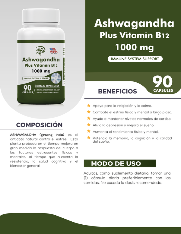 ASHAWAGANDA (GINSENG INDIO) + B12 X 90 CAPSULAS