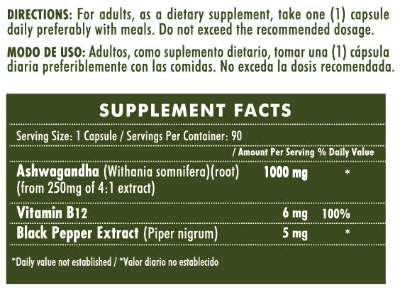 ASHAWAGANDA (GINSENG INDIO) + B12 X 90 CAPSULAS