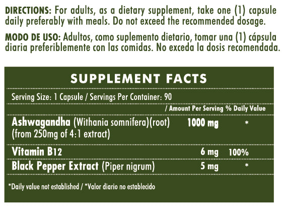ASHAWAGANDA (GINSENG INDIO) + B12 X 90 CAPSULAS